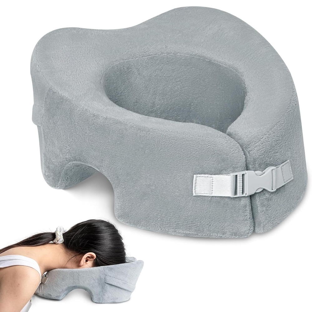 Gray Memory Foam Face-Down Travel Pillow with Adjustable Strap